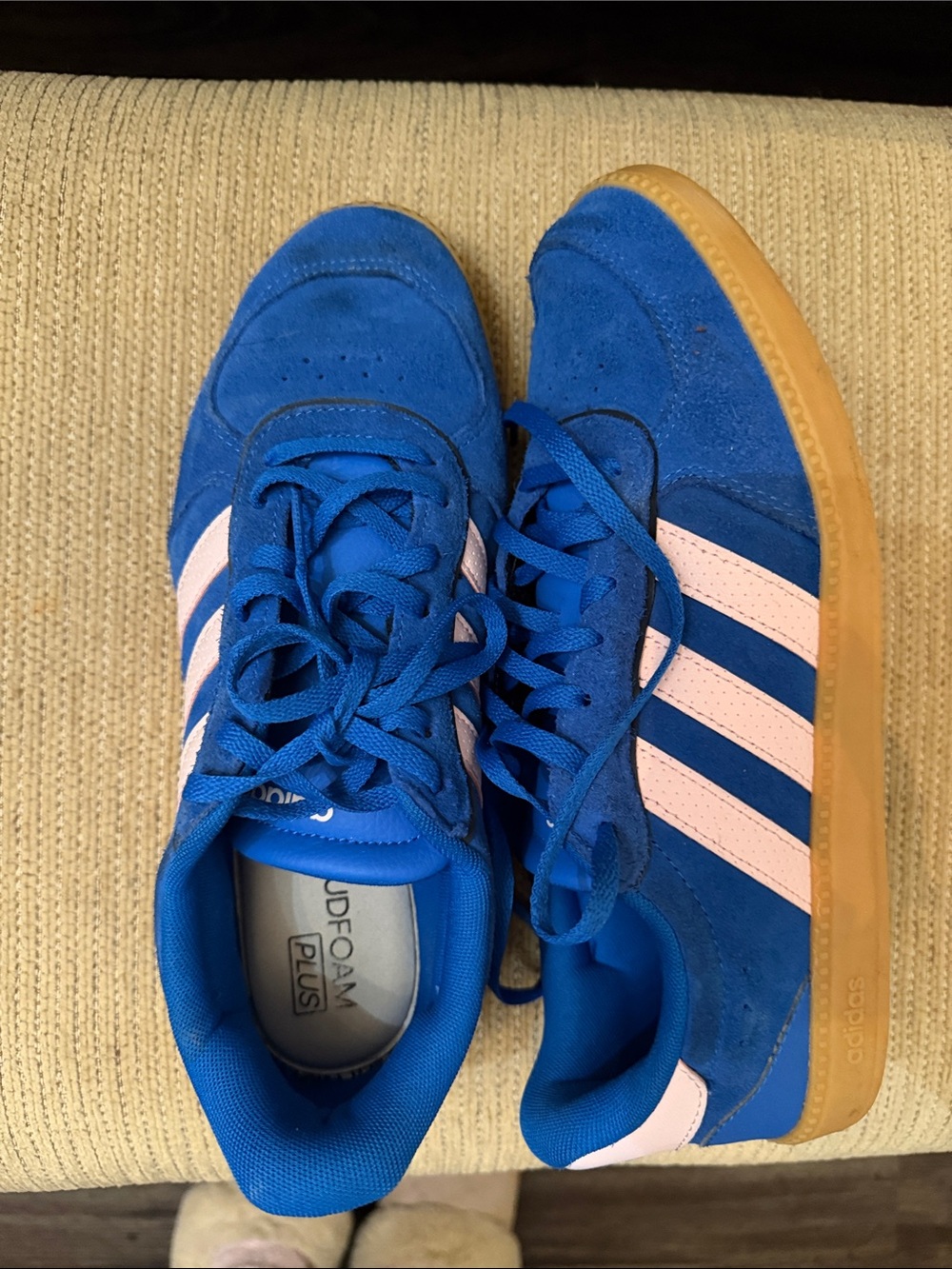 adidas Blue Suede Sneakers with Pink Stripes